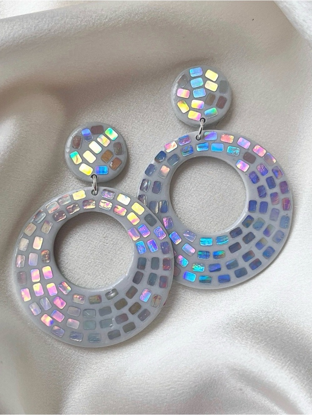 Iridescent Mosaic Hoop Drop Earrings - Gray & Holographic